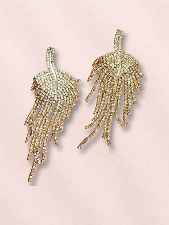Jewelry - Rhinestone Leaf Fringe Drop Earrings, Platinum Plated Crystal Tassel NWT